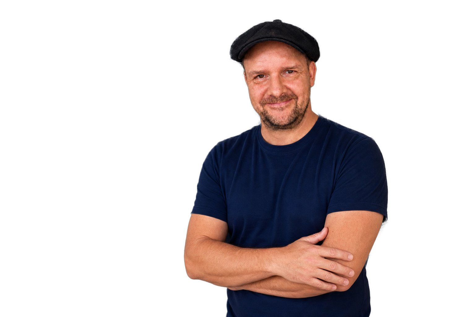Karsten Samaschke in a calm, reflective pose with his arms loosely folded