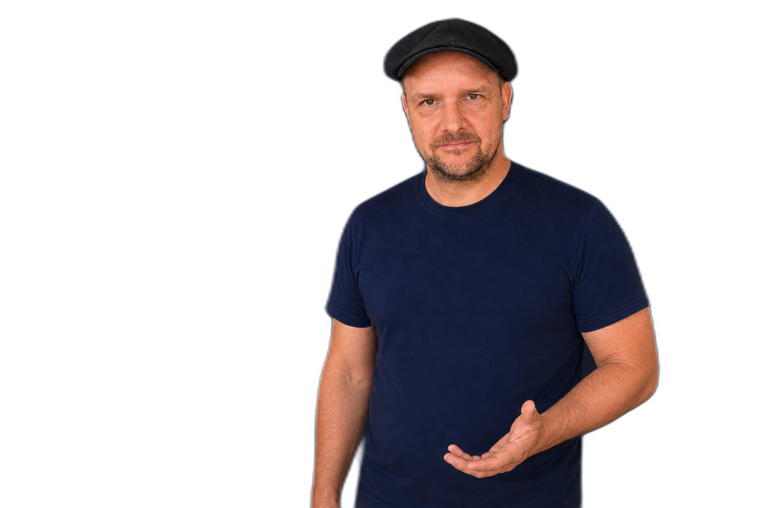 Karsten Samaschke making a measured open-hand gesture